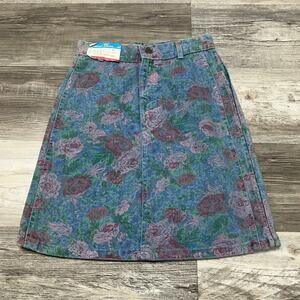 NWT Vintage 80s Sunset Blues Chic Floral Womens 3 Denim Jean Skirt USA Deadstock